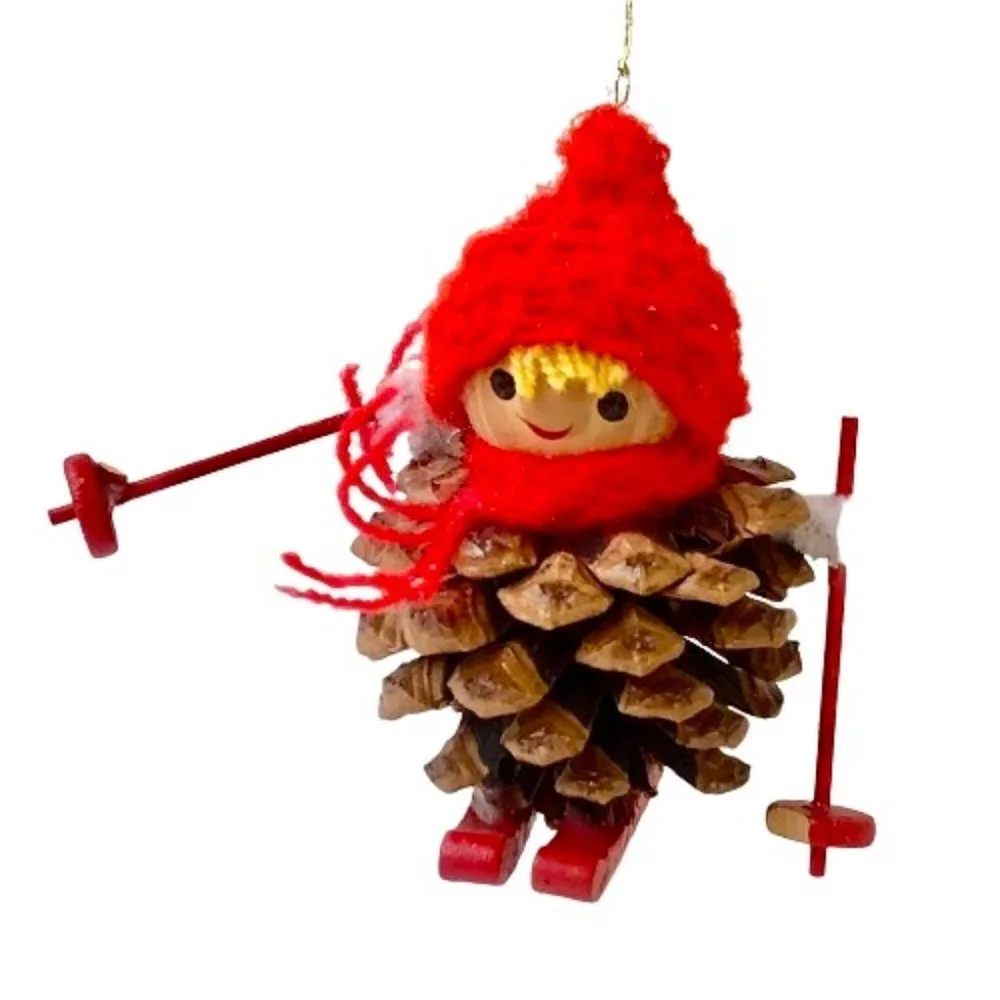 Vintage Christmas Ornaments Handmade Pine-Cone Skier + Yarn Log Carrier Lot 2